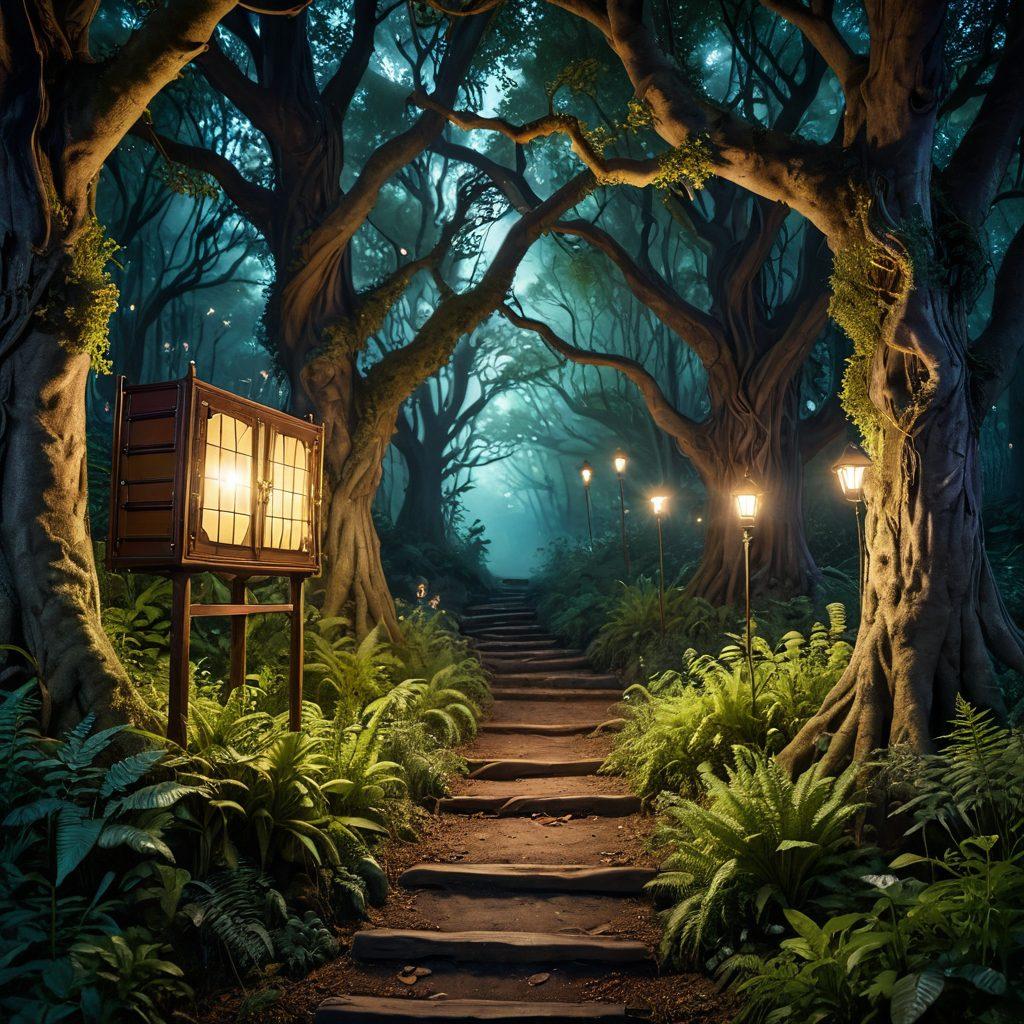 A mystical forest scene revealing an enchanting cinema hidden among the trees, featuring vintage film reels and independent film posters scattered throughout. Ethereal lights and whimsical creatures dance around, emphasizing the magic of storytelling. A winding path leads to the cinema, inviting viewers to discover hidden cinematic treasures. soft glow. fantasy art. vibrant colors.