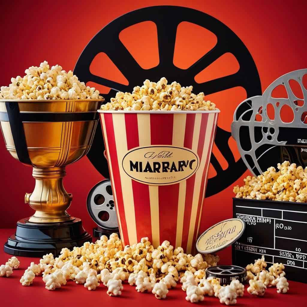 A dynamic collage of iconic film festival symbols like golden statuettes, film reels, and award ribbons, blending seamlessly with vibrant box office charts and popcorn buckets. The background features a film projector casting brilliant images of famous films. Bright, eye-catching colors to create an energetic atmosphere that captures the excitement of cinema. super-realistic. vibrant colors. cinematic.